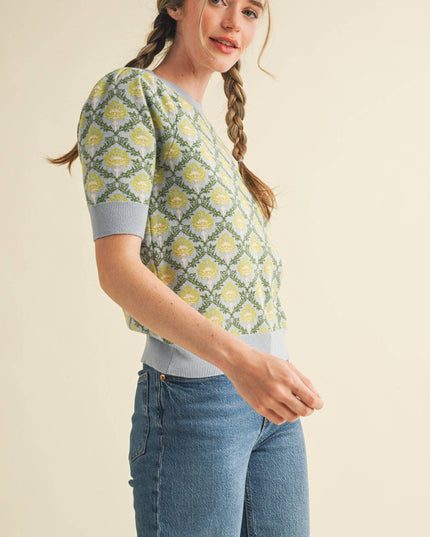 FLORAL PATTERN SHORT SLEEVE SWEATER MSW10860
