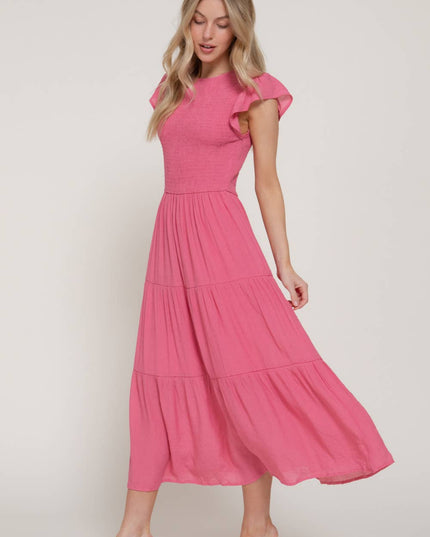 Ruffle Sleeve Crew Neck Smocked Detail Solid Tired Dress