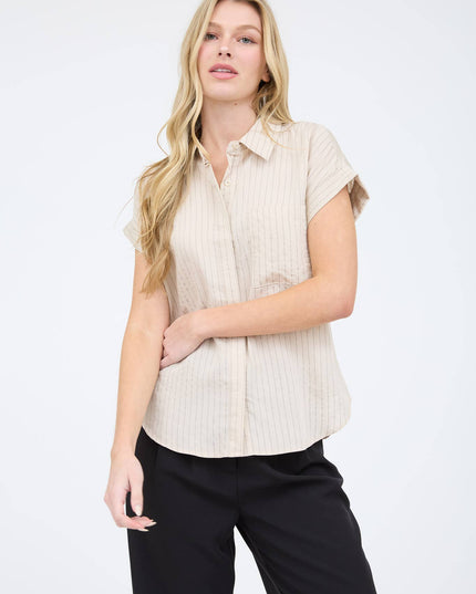 PINSTRIPE SHORT SLEEVE COLLARED SHIRT