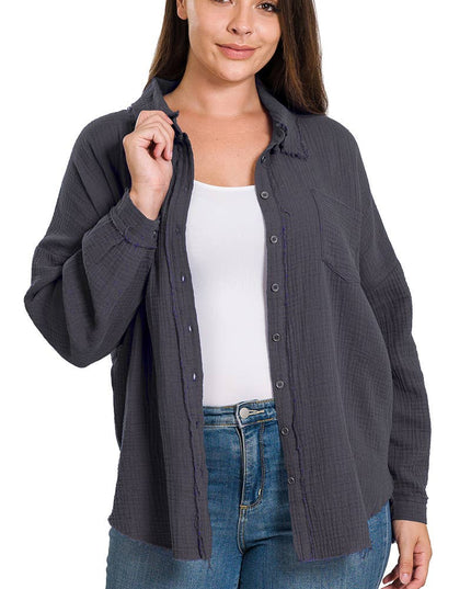 `Plus Oversized Raw Edge Shirt SI-23811 Zenana