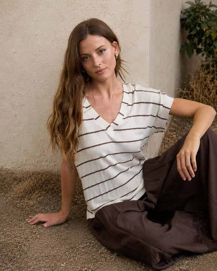 STRIPE V NECK CUFFED SLEEVE KNIT TOP