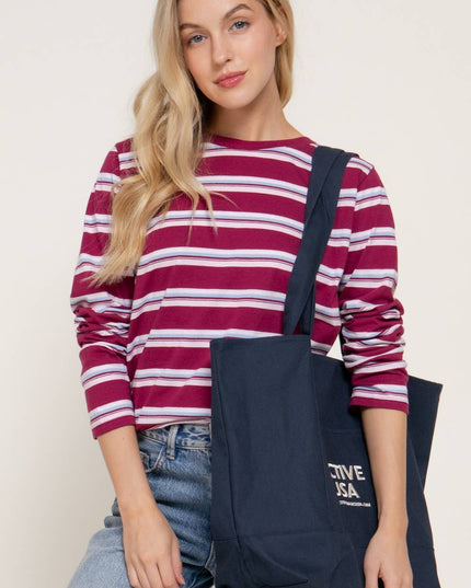 Long Sleeve Crew Neck Y/D Multi Striped Knit Top