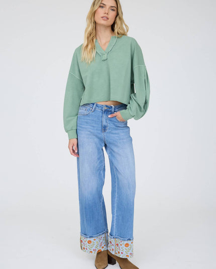 NOTCH NECK BOXY LONG SLEEVE KNIT CROP TOP