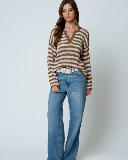 STRIPE RAW EDGE SPLIT NECK SHEER KNIT SWEATER
