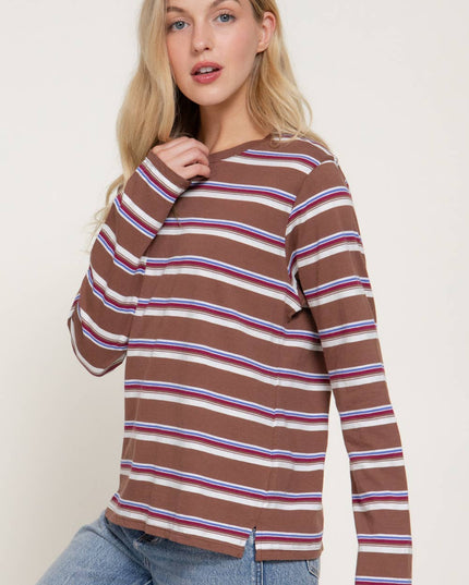 Long Sleeve Crew Neck Y/D Multi Striped Knit Top