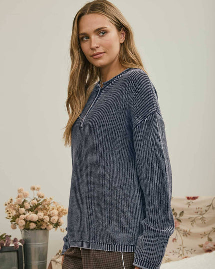 WASHED RIBBED HENLEY DROP SHOULDER KNIT SWEATER
