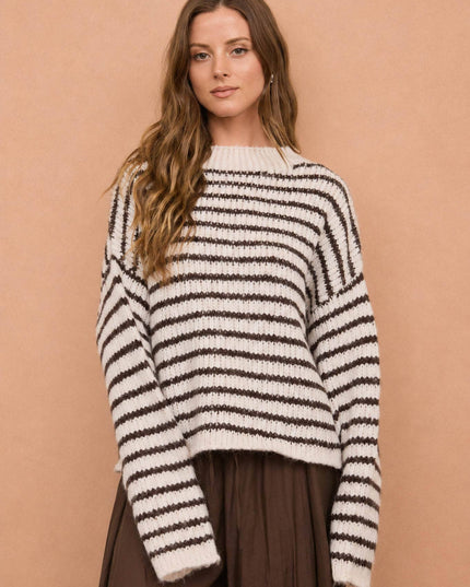 STRIPE ROLLED EDGE DETAIL LONG SLEEVE KNIT SWEATER