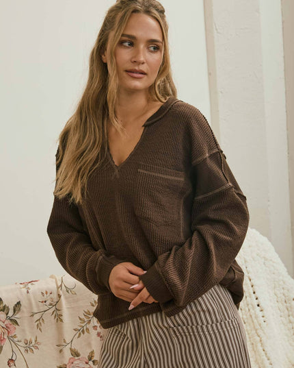 SPLIT NECK RAW EDGE LONG SLEEVE RIBBED KNIT TOP