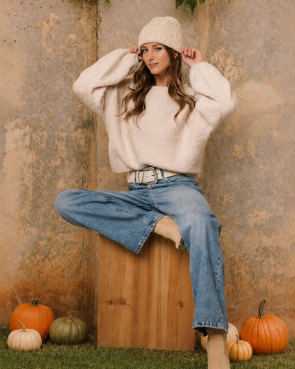 LONG SLEEVE FUZZY KNIT PULLOVER SWEATER (PRE-ORDER)