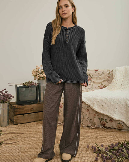 WASHED RIBBED HENLEY DROP SHOULDER KNIT SWEATER