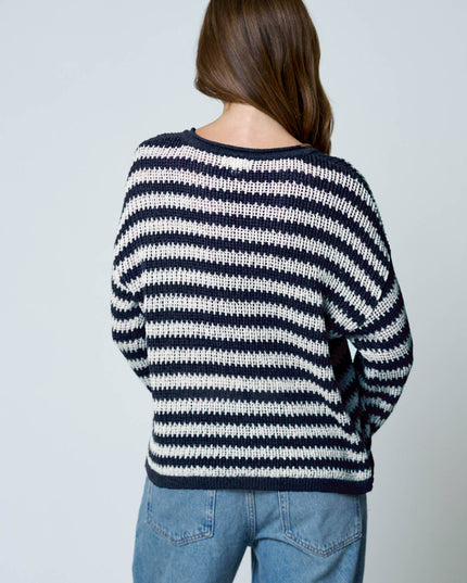 STRIPE RAW EDGE SPLIT NECK SHEER KNIT SWEATER