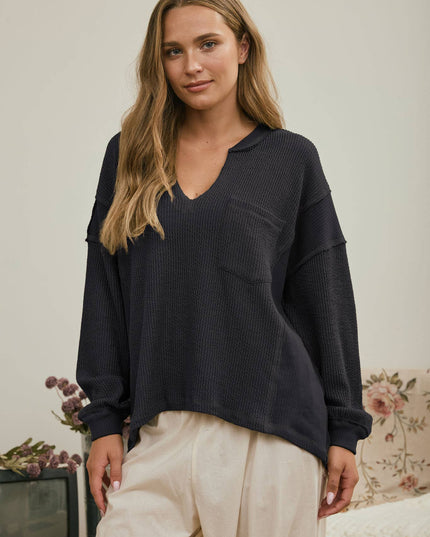 SPLIT NECK RAW EDGE LONG SLEEVE RIBBED KNIT TOP