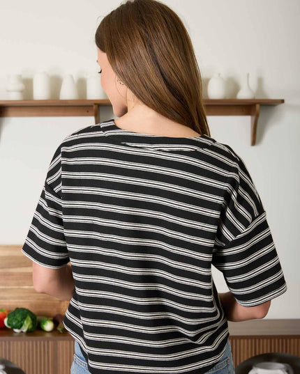 STRIPE SHORT SLEEVE BOXY HENLEY KNIT TOP