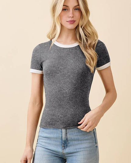 JT56633 - CREW NK CONTRAST BINDING RINGER SHORT SLV TOP