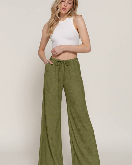 Waistband with String Crinkle Knit Long Pants