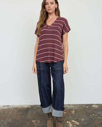 STRIPE V NECK CUFFED SLEEVE KNIT TOP