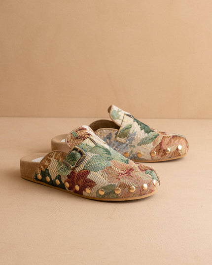 The Toni | Floral Tapestry Studded Buckle Clog