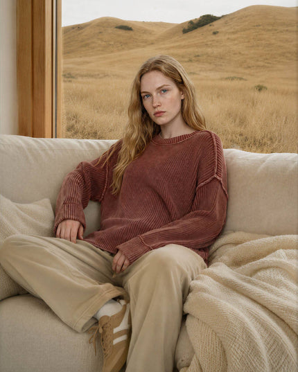 WASHED RIBBED LONG SLEEVE FOLDED CUFF KNIT SWEATER