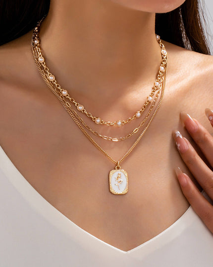 Layered Enamel Pearl & Rose Tag Pendant Necklace | 80N93573