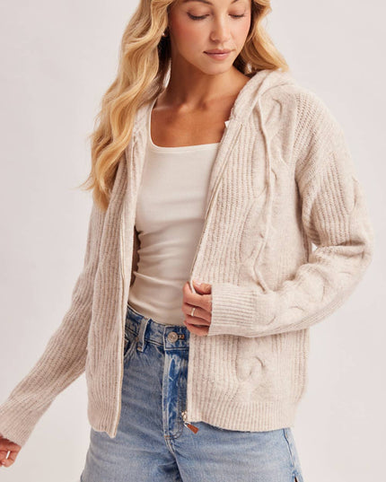 ZIP-UP CABLE KNIT SWEATER CARDIGAN WITH HOOD
