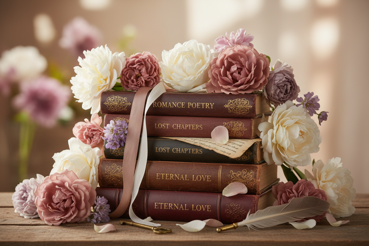 Feminine vintage books and flowers