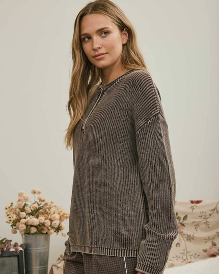 WASHED RIBBED HENLEY DROP SHOULDER KNIT SWEATER