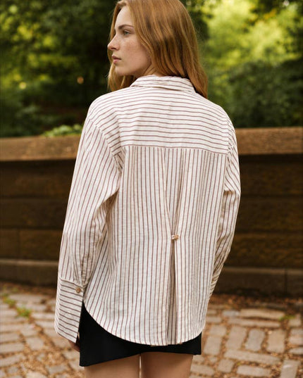 STRIPE COLLARED BACK BUTTON DETAIL LONG SLEEVE TOP