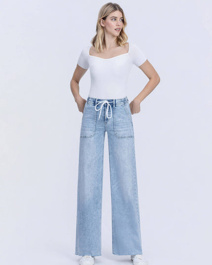 HIGH RISE DRAWSTRING WAISTBAND WIDE LEG JEANS F6065